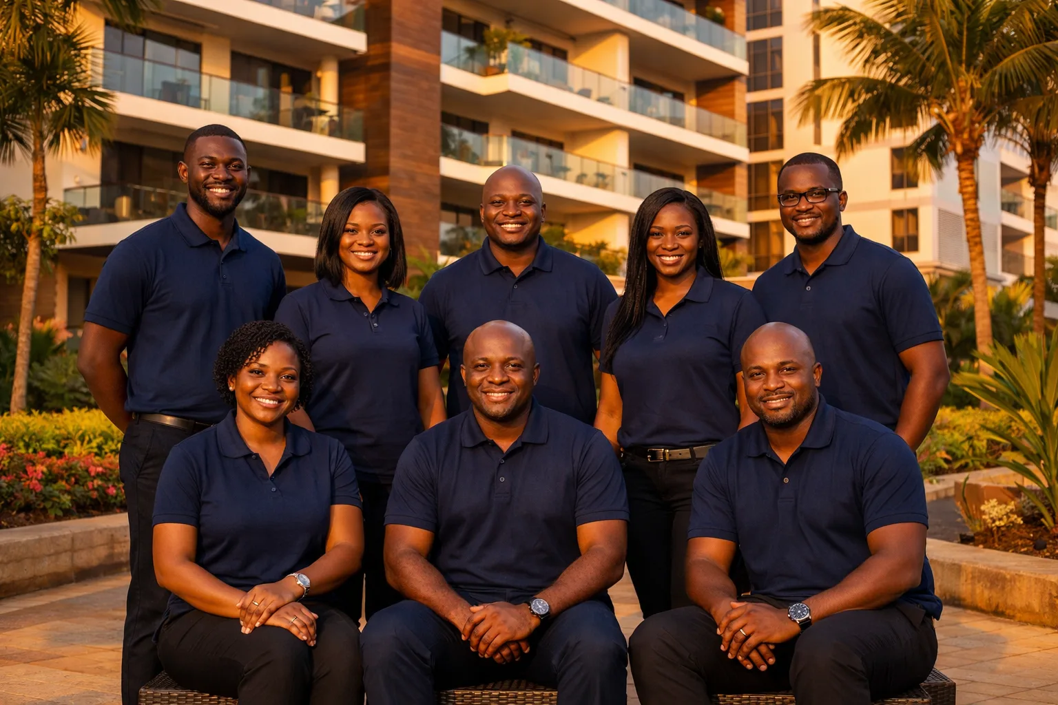 Sky Suites team members standing together in a furnished property